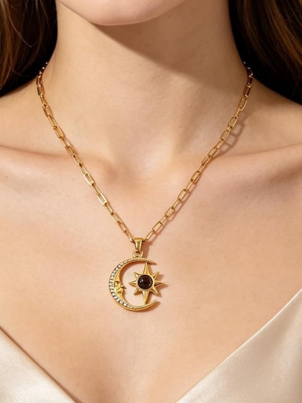 Anthropologie Gold Moon & Sun Pendant Necklace with Black Center - Picture 4 of 5